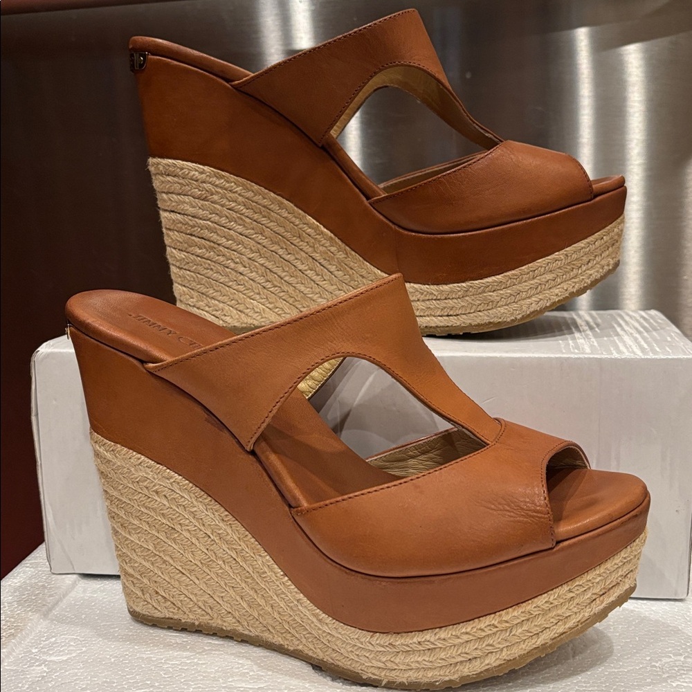 Jimmy Choo Tan Leather Espadrille Wedge Sandals - Picture 6 of 15
